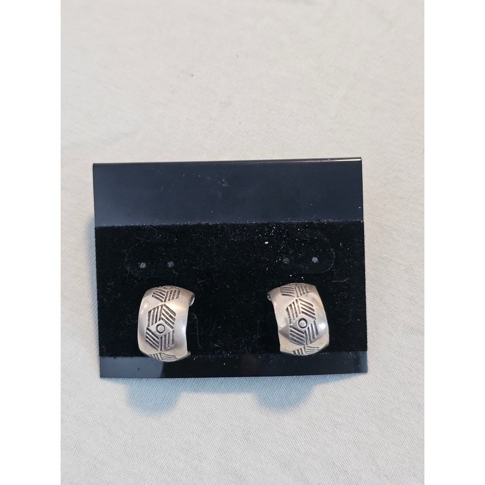 Sterling Silver Southwestern Stamped Geometric J-Hoop Earrings‎ 4.3g 0.5in